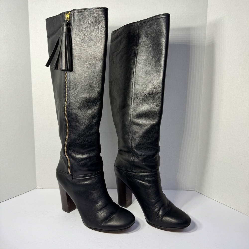 Coach Therese Black Leather Knee High Boots Gold Zip Tassel Block Heel Size 7.5B